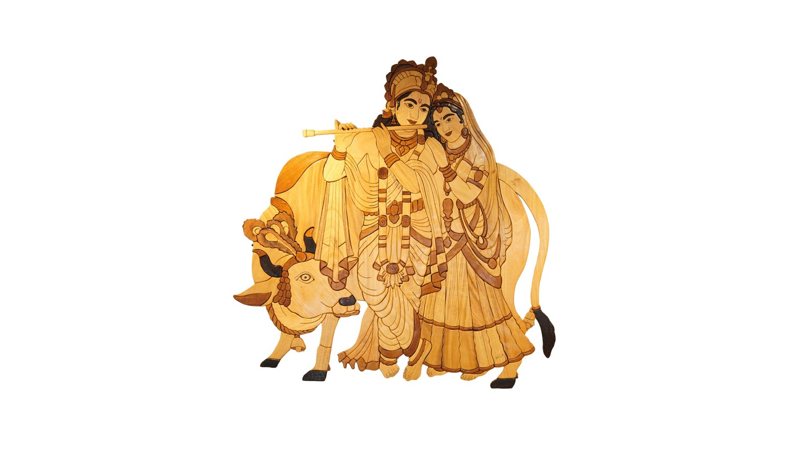 Radha Krishna with Cow – Eternal Love Wooden Art Panel